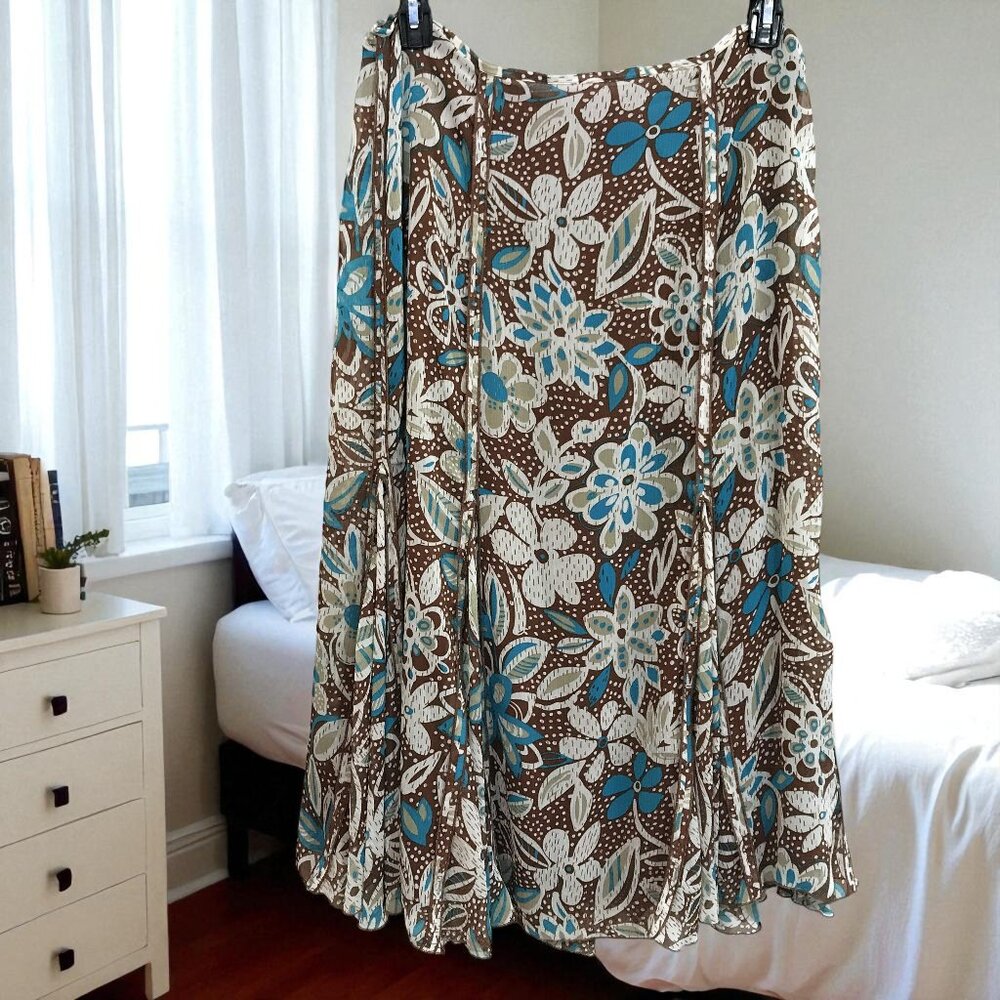 Chadwicks Fully Lined Floral A-Line Flowy Summer Skirt Brown Teal White Sz 16